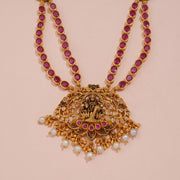 Antique Lakshmi Ruby Double-Strand Necklace with CZ Filigree and Pearl Drops