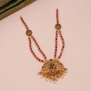 Antique Lakshmi Ruby Double-Strand Necklace with CZ Filigree and Pearl Drops