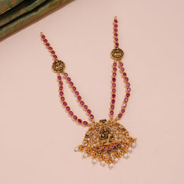 Antique Lakshmi Ruby Double-Strand Necklace with CZ Filigree and Pearl Drops