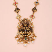 Antique Lakshmi Temple Necklace with Pearl Drops and Stone Accents