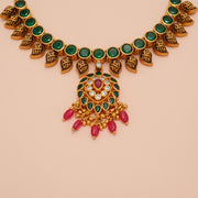 Temple Silver Leaf Necklace with Emerald and Ruby Detailing