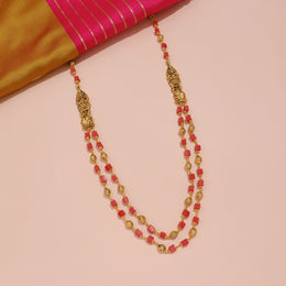 Traditional Gold-Tone Temple Mala with Vibrant Pink Bead Accents
