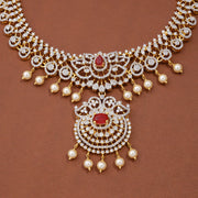Elegant Ruby and CZ Pearl Drop Bridal Necklace