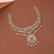 Elegant Ruby and CZ Pearl Drop Bridal Necklace