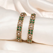 Victorian-Inspired Contemporary Silver Bangles with Floral Motifs & Emerald Highlights