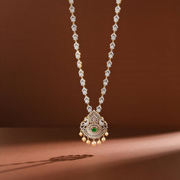 Elegant Floral Silver Haaram with Peacock Pendant & Pearl Hangings
