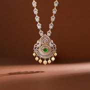Elegant Floral Silver Haaram with Peacock Pendant & Pearl Hangings