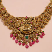Antique Silver Lakshmi Necklace with Red Stone Highlights