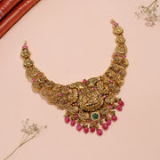 Antique Silver Lakshmi Necklace with Red Stone Highlights