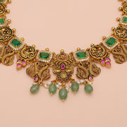 Contemporary Silver Necklace with Lakshmi Motifs and Stone Highlights