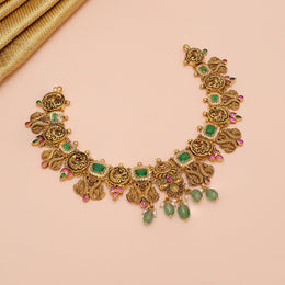 Contemporary Silver Necklace with Lakshmi Motifs and Stone Highlights