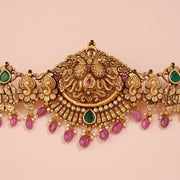 Antique Peacock Silver Vaddanam with Red Stone Drops and Elephant Motifs