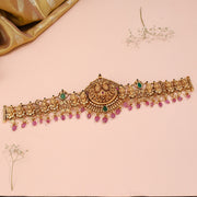 Antique Peacock Silver Vaddanam with Red Stone Drops and Elephant Motifs