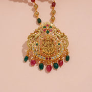 Divine Lakshmi Peacock Pendant with Ruby Emerald Bead Accents