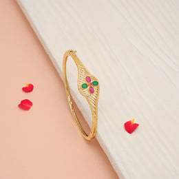 Party Wear Silver Kada with Green & Red Stone Floral Accents