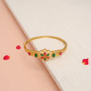 Silver Party Wear Kada with Green & Red Floral Stone Accents
