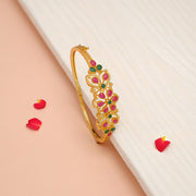 Regal Silver Floral Kada with Emerald & Ruby Accents