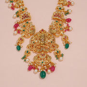 Divine Lakshmi Temple Necklace with Peacock Motifs and Green Bead Drops