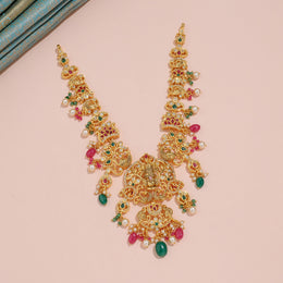 Divine Lakshmi Temple Necklace with Peacock Motifs and Green Bead Drops