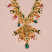 Divine Sita Ram Temple Necklace with Peacock Motifs and Green Bead Drops