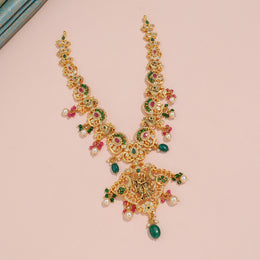Divine Sita Ram Temple Necklace with Peacock Motifs and Green Bead Drops