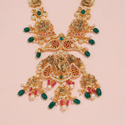 Lakshmi Temple Necklace with Peacock Motifs, Ruby, Emerald and Pearl Drops