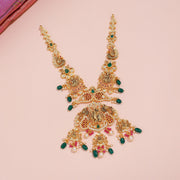 Lakshmi Temple Necklace with Peacock Motifs, Ruby, Emerald and Pearl Drops