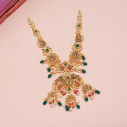 Lakshmi Temple Necklace with Peacock Motifs, Ruby, Emerald and Pearl Drops