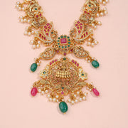 Divine Lakshmi Temple Pendant with Peacock Motifs, Ruby, Emerald and Pearl Drops
