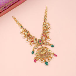 Divine Lakshmi Temple Pendant with Peacock Motifs, Ruby, Emerald and Pearl Drops