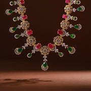Luxe Emerald & Ruby Stone Studded Silver Floral CZ Neckalce