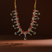 Luxe Emerald & Ruby Stone Studded Silver Floral CZ Neckalce
