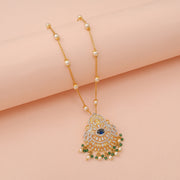 Elegant Sapphire Crystal Pendant with Pearl and Emerald Drop Accents