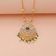 Elegant Sapphire Crystal Pendant with Pearl and Emerald Drop Accents