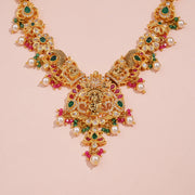 Divine Lakshmi Temple Necklace with Peacock, Emerald, Ruby and Pearl Accents