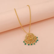 Divine Lakshmi Floral Pendant with Emerald Bead Pearl Tassels