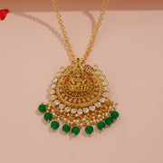 Divine Lakshmi Lotus Pendant with Green Bead Pearl Drops