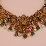 Heritage Silver Temple Necklace Featuring Lakshmi, Vishnu Murthy Motifs with Pearl & Stone Beads