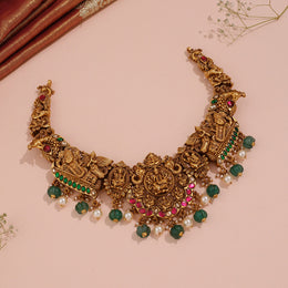 Heritage Silver Temple Necklace Featuring Lakshmi, Vishnu Murthy Motifs with Pearl & Stone Beads