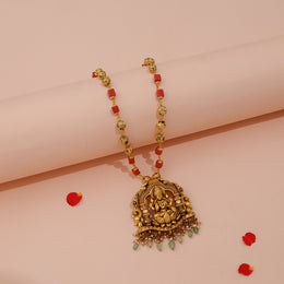 Royal Lakshmi Pendant with Green Stone and Pearl Detailing