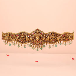 Elegant Silver Balaji & Lakshmi Vaddanam with Intricate Detailing and Mint Gree Drops