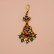 Antique Silver Lakshmi Devi Maang Tikka with Green Stone Highlights
