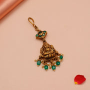 Antique Silver Lakshmi Devi Maang Tikka with Green Stone Highlights