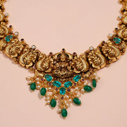 Antique Silver Lakshmi Neckalce with Sky Blue Stone Highlights