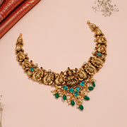 Antique Silver Lakshmi Neckalce with Sky Blue Stone Highlights