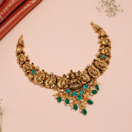 Antique Silver Lakshmi Neckalce with Sky Blue Stone Highlights