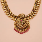 Traditional Mango Leaf Silver Neckalce with Red Stone Highlights