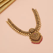 Traditional Mango Leaf Silver Neckalce with Red Stone Highlights