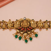 Antique Lakshmi Ganesha Temple Vanky with Emerald Pearl Tassels