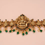Silver Lakshmi Vaddanam in Antique Finish with Stone & Pearl Beads